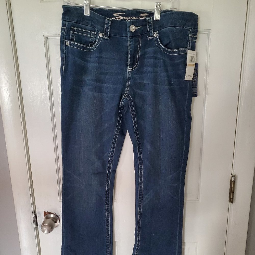 Seven7 NWT Women's Size 12 Dark Wash Jeans Slim Bootcut Rhinestone Design Button